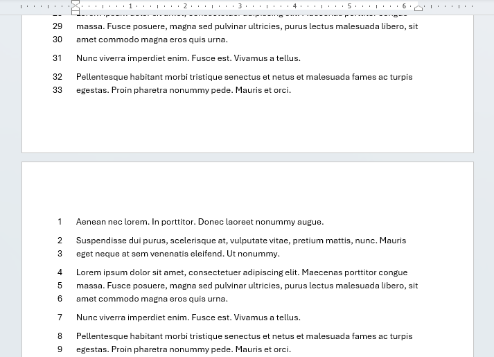 Line numbers example restarting on a new page